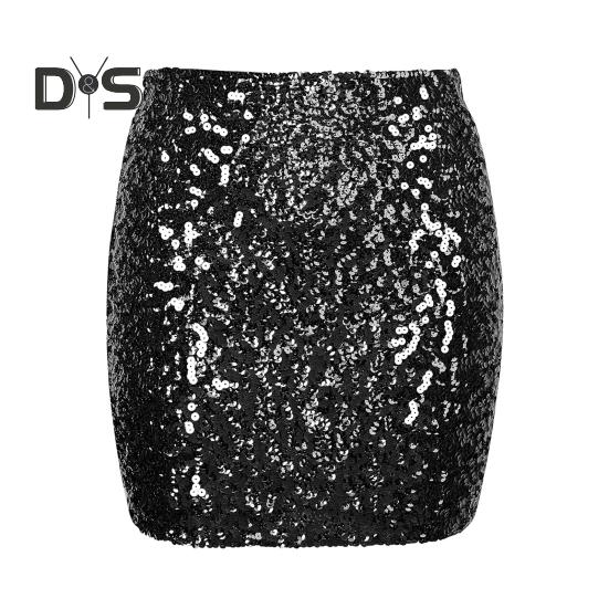 

Женская мини-юбка с высокой талией, ультракороткая, облегающая бедра юбка, блестящая, клубная юбка для вечеринки с пайетками S чёрный