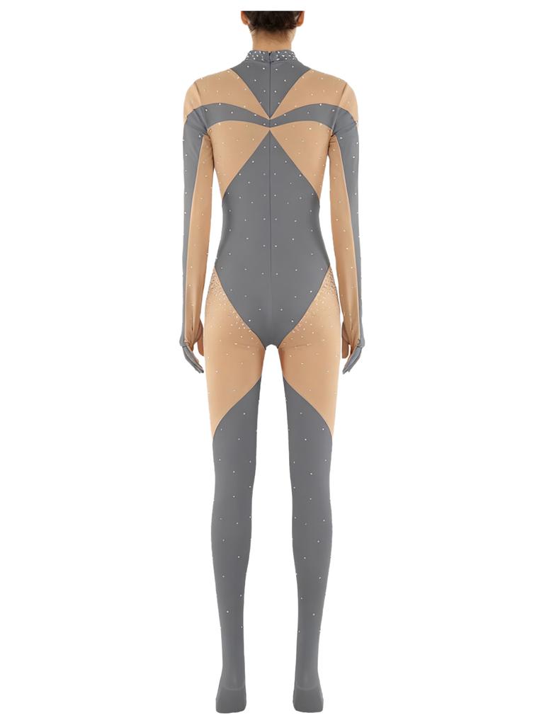 Unitard Lucios cu Strass-uri pentru Gimnastică Feminină, cu Mâneci Lungi și Mănuși, cu Picior, Culoare Contrastantă, Body pentru Patinaj Artistic