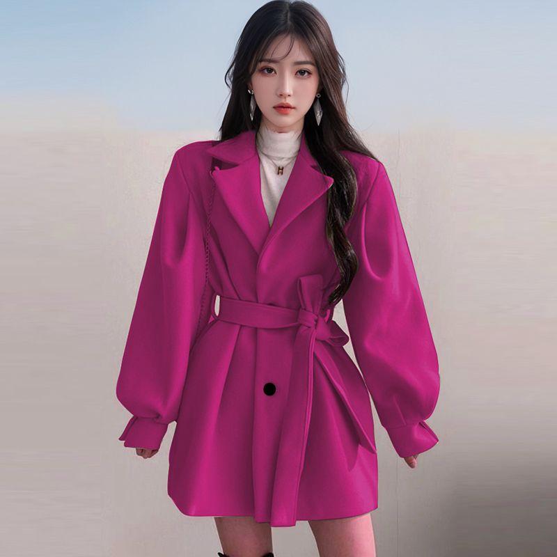 

Новинка осень зима новый женский тонкий талии удобный костюм длинное пальто свободный тонкий пуговицы однотонный простой шнуровка V-образный вырез пальто 4XL розы красного