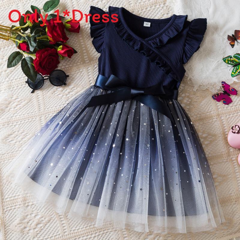 Princess Girl Summer Dress With Glitter Star Sequins And Pleated Cotton Blend