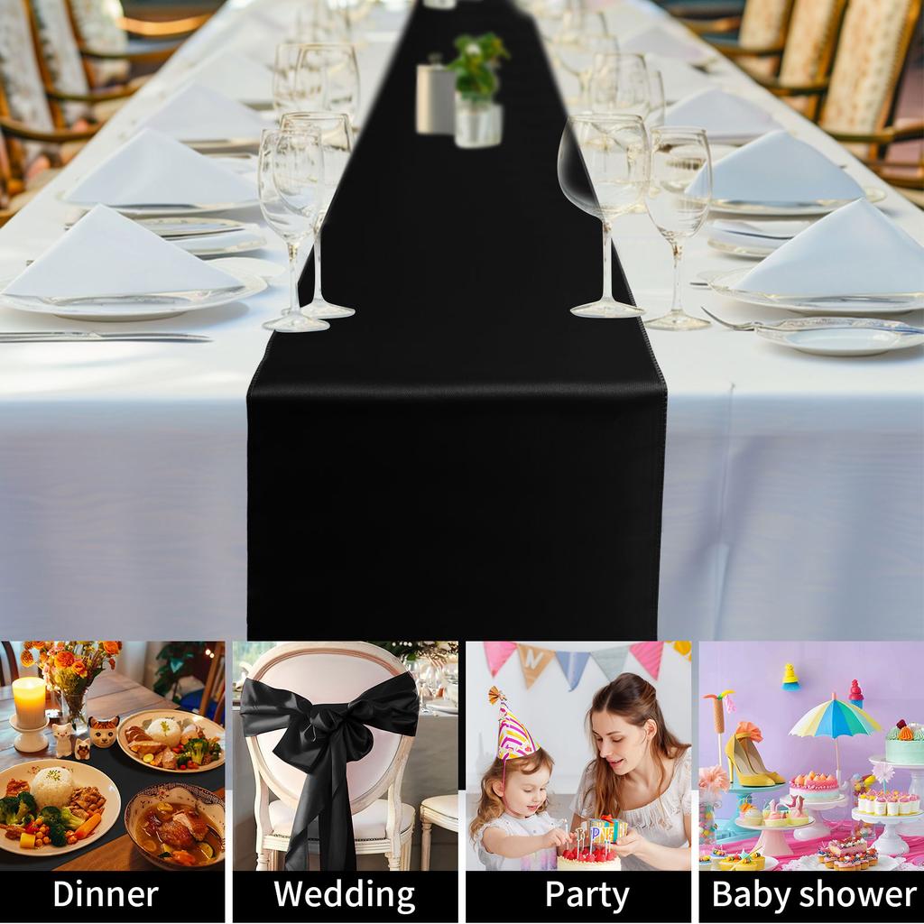 Confezione da 10 runner da tavola in raso nero, 30x277 cm, lunghi runner da tavola in raso di seta per matrimoni, feste di compleanno, banchetti e decorazioni.