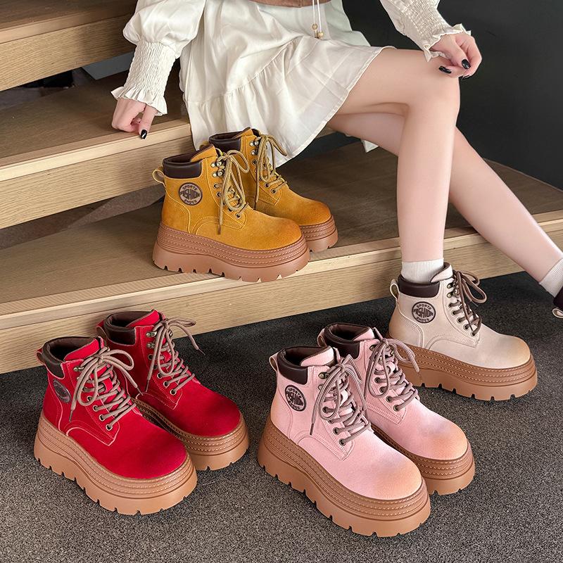 Leather platform Martin boots women's new autumn and winter retro rhubarb boots heightening locomotive boots