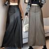 2025 A/W Women's Retro PU Leather Slit A-Line Mid-Length High Waist Skirt