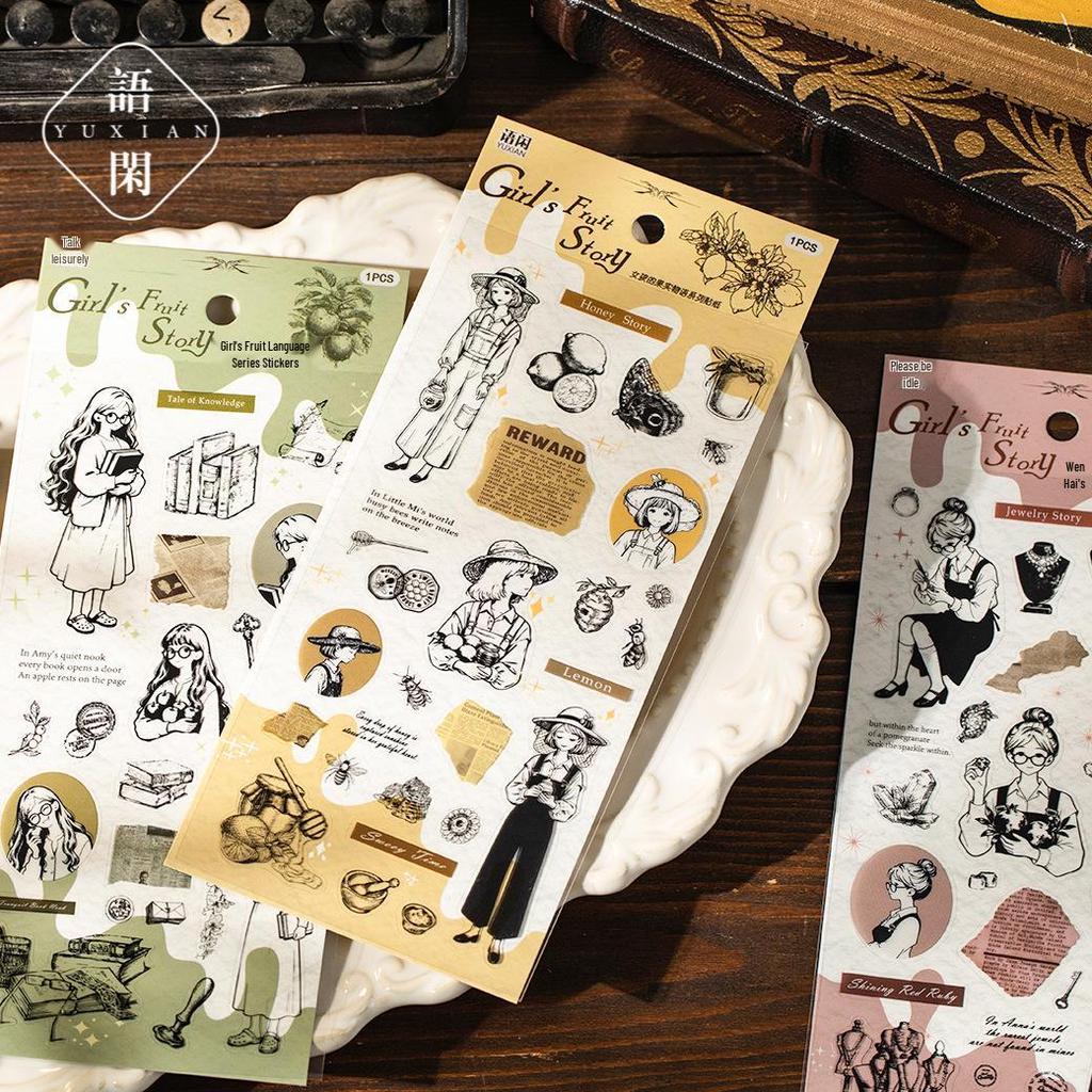 Yuxian Girl's Fruit Story Pet Stickers: Character-Themed Journal Decorations (6 Designs)