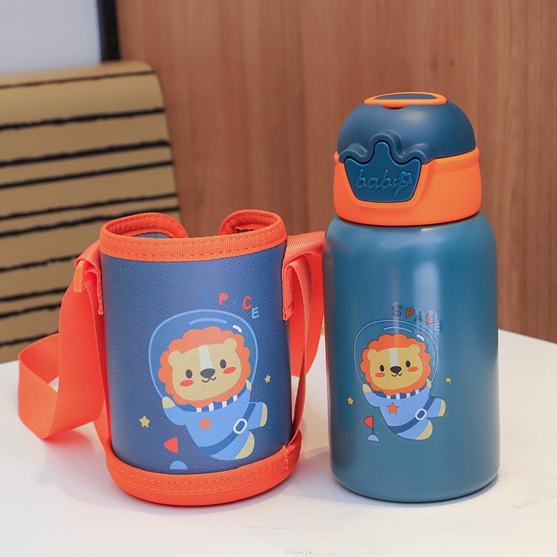 Kids' Outdoor Thermos Cup - Deer Antler Design, Straw & Smart Lid, Stainless Steel, Cartoon Style with Strap