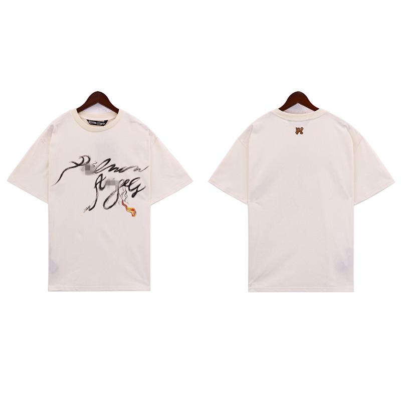 24S grenzüberschreitende europäische und amerikanische Trendmarke Palm Angel Rauch Buchstaben Flammen Druck Kurzarm-T-Shirt Herren und Damen High Street