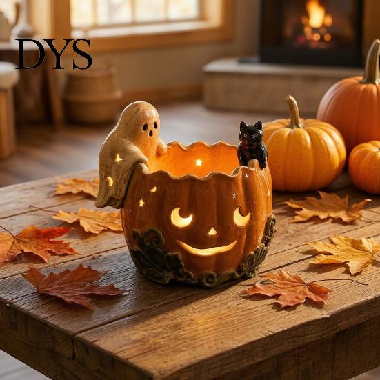 Seasonal Room Accent Halloween Pumpkin Candle Holder, Resin Ghost Black Cat Tea Light Holder Stand, Retro Distressed Decorative Table Ornament