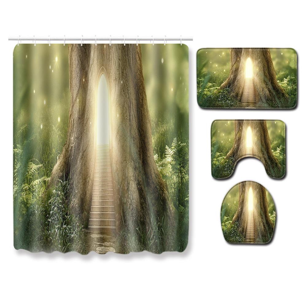 Healing Tree Hole Bathroom Shower Curtain Floor Mat Toilet Cover Foot Mat Four-Piece Set