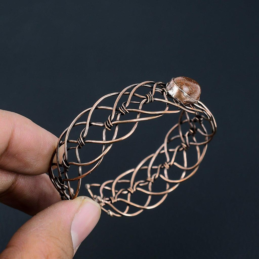 Sunstone Gemstone Handmade Copper Wire Wrap Jewelry Elegant Adjustable Bangle For Wedding Gift