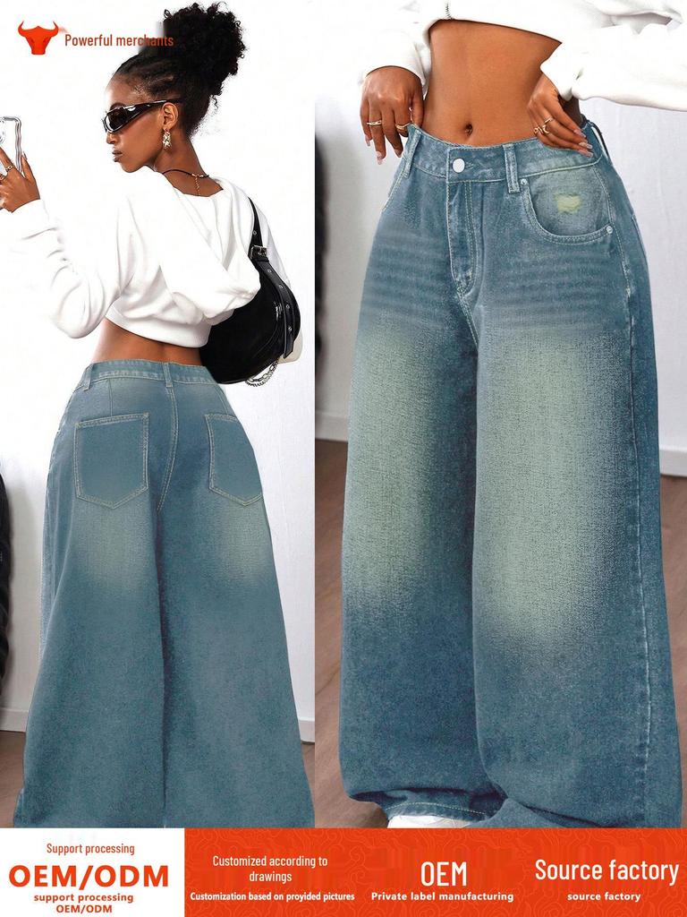 Women's Washed Blue Ripped Wide-Leg Jeans - Trendy Floor-Length Casual Pants
