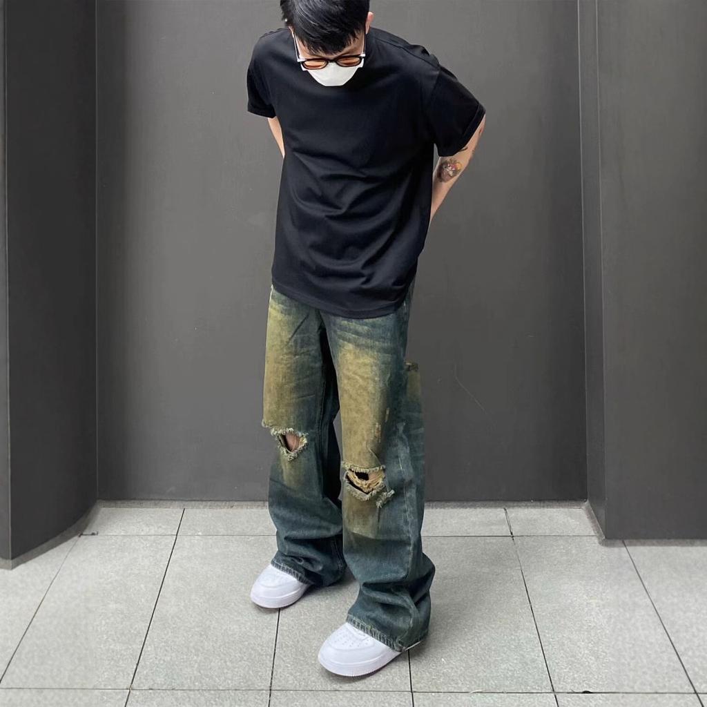 American old retro washed design ripped jeans men's summer trendy brand straight loose wide-leg mopping pants