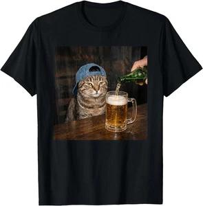 Funny Cat Drinking Beer Hat Graphic Unimpressed Tabby Unisex Cotton T-Shirt
