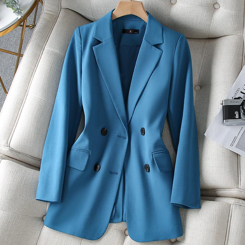 

Осенний корейский женский кофейный костюм, двубортный женский пиджак, черный, синий, одежда больших размеров 3xl