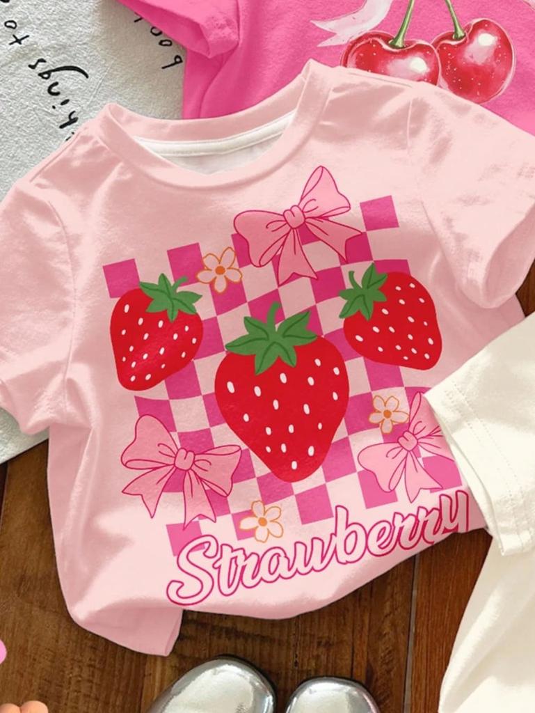 Summer Strawberry Printed T-Shirt Sweet Cute Cartoon Short Sleeve Children's T-Shirt Crew Neck Casual Tees Outdoor Girls Clothes
