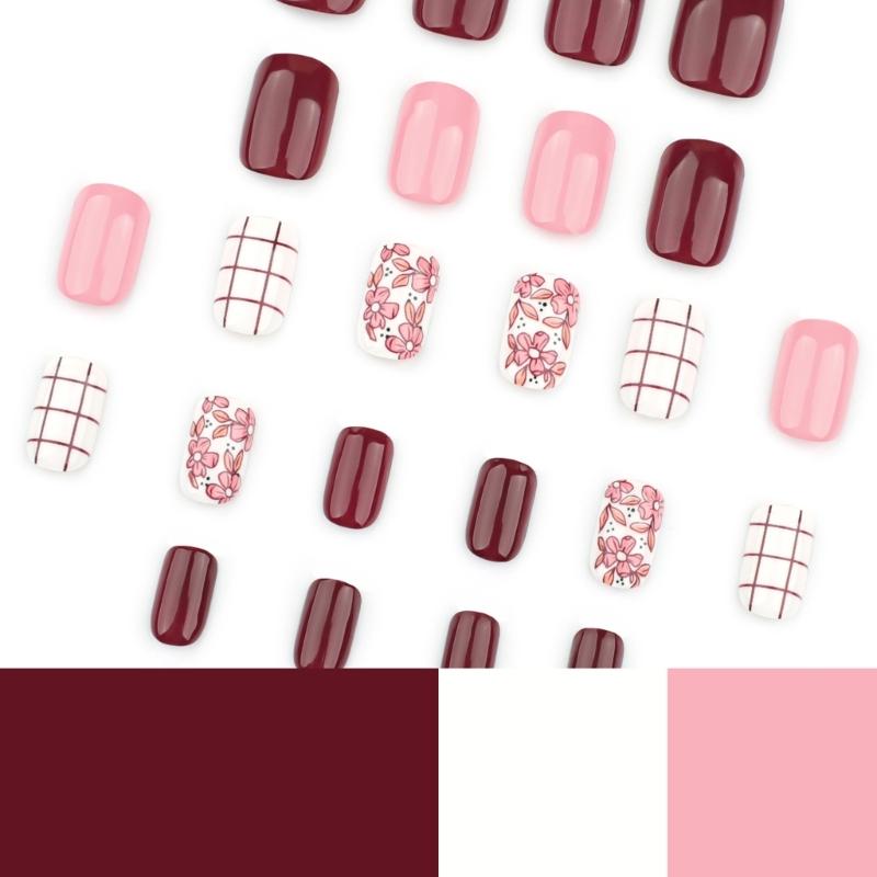 24 Stück Kurze Quadratische Falsche Nägel Blumen Künstliche Nägel Glänzend Aufkleben Nägel Gestreiftes Gitter Aufdrücknägel für Frau