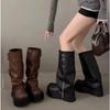 Fashionable Wide Leg Knight Long Boots Inner Elevator Thick Sole Side Zipper Buckle Slouchy Design