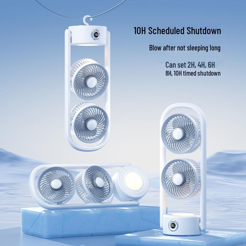 Desktop Dual Head Folding Fan with LED LCD Display & Hook - Portable Ceiling Fan with Night Light