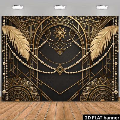 2D Schwarz-Gold Gatsby-Stil Hintergrundtuch, Feder & Perlen-Thema Kulisse für 20er Jahre Mottoparty & Veranstaltungen