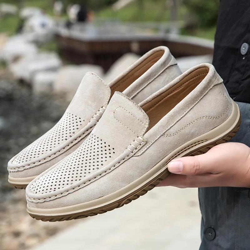 Fashion Men Shoes Luxury Cowhide Suede Casual Shoes Breathable Hollow Leather Shoe Classics Men Loafers Comfort Soft Soled Driving Oes