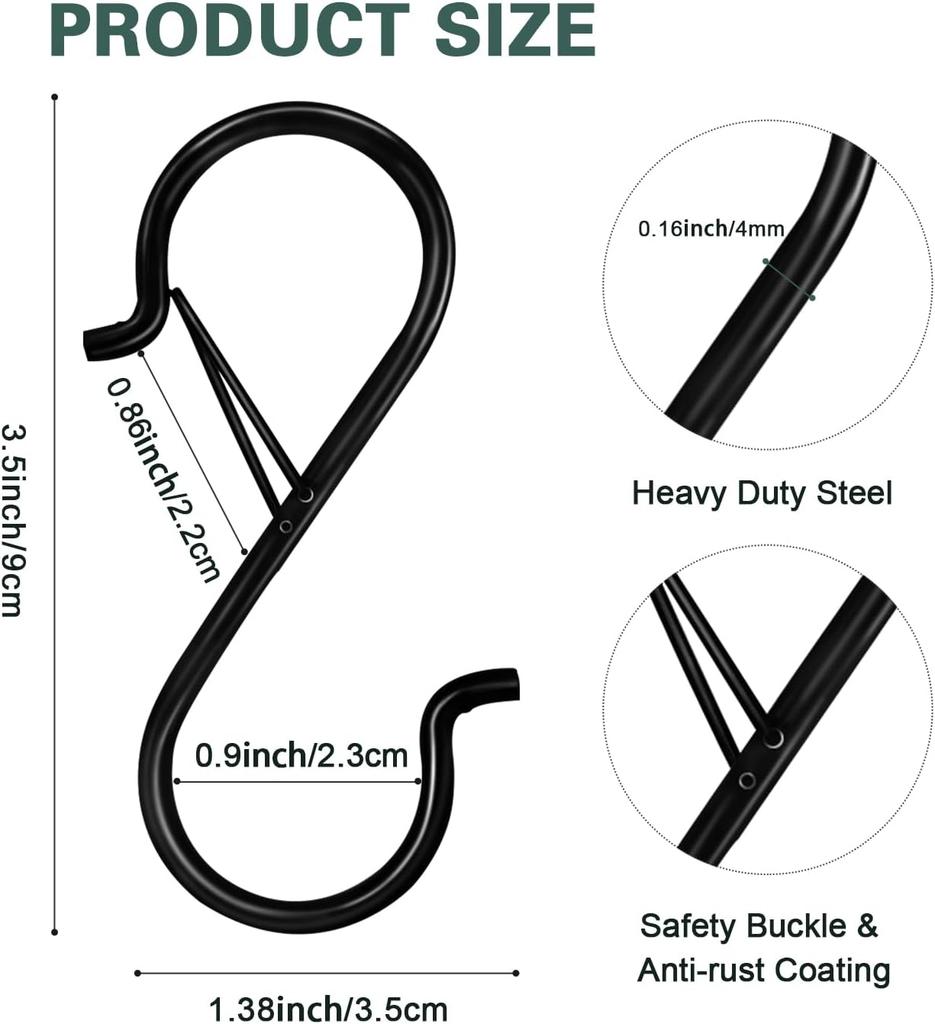 S Hooks 20pcs Heavy Duty 3.5 Inch Metal Hanging Hooks with Safety Buckle Closet Organizer Hooks for Kitchen Clothes Plants Bags Hats Belts