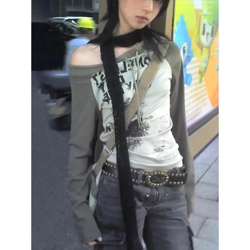 Japanese Y2k Style T Shirts Women Off Shoulder Grunge 90s Cotton Graphic Tops Vintage Harajuku Aesthetic Long Sleeve Tees