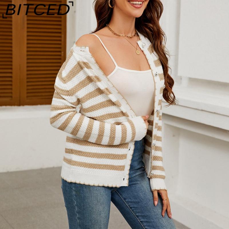 BITCED Autumn/Winter Women's Striped Knitted Cardigan with Buttons
