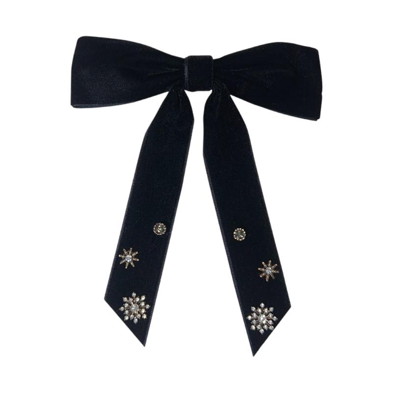 Luxurious Velvets Bowknot Clip On Brooch with Rhinestones Snowflake for Christmas Parties Pre Tied Bows Tie Necktie