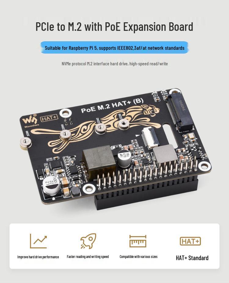 Raspberry Pi 5 PCIe to M.2 NVMe Expansion Board with PoE Power HAT