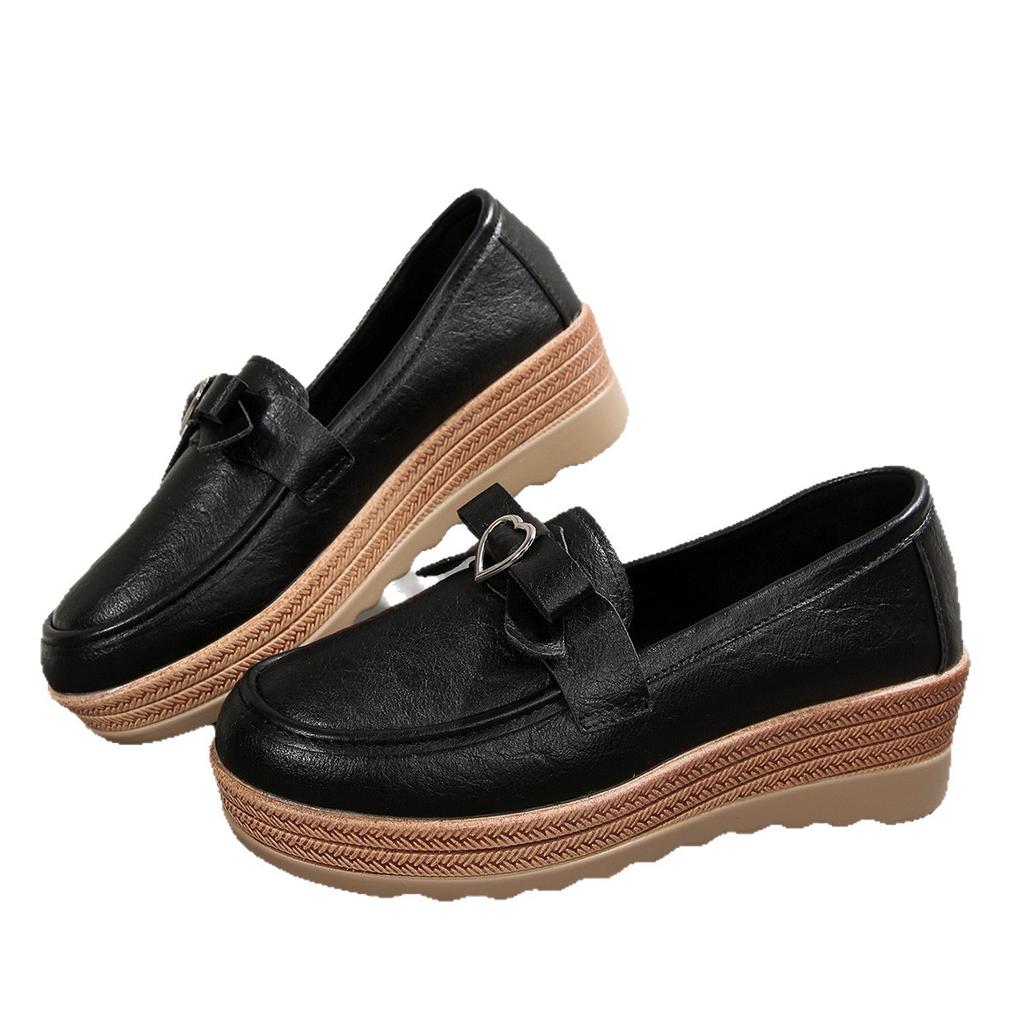 Platform muffin shoes spring and autumn new soft leather small wedge heel single shoes British style retro brown lazy shoes