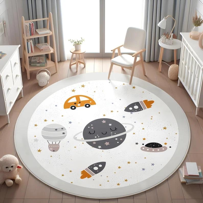 

Planets Astronauts Playmat Round Rug Living Room Decor Sofa Rug Kid s Play Mat Boys Bedroom Bedside Rug Play Reading Area Rug 80X80CM