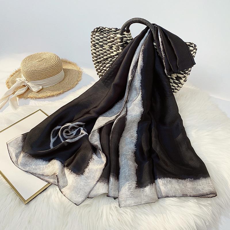 

Silky Scarf Color Contrast Satin Scarf Flower Printed Sunscreen Mid-length Scarf Pink #1