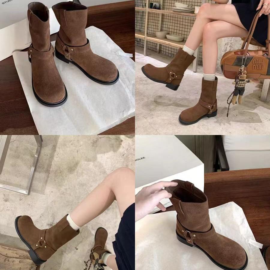 Grape Mother Internet Celebrity with the Same Style, Zurich Autumn~ Versatile Round Head Metal Buckle Retro Low Heel Western Short Boots Women