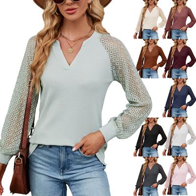2024 European And American Autumn/Winter New Waffle Grace Splicing Long Sleeve V-Neck T-Shirt Top For Women
