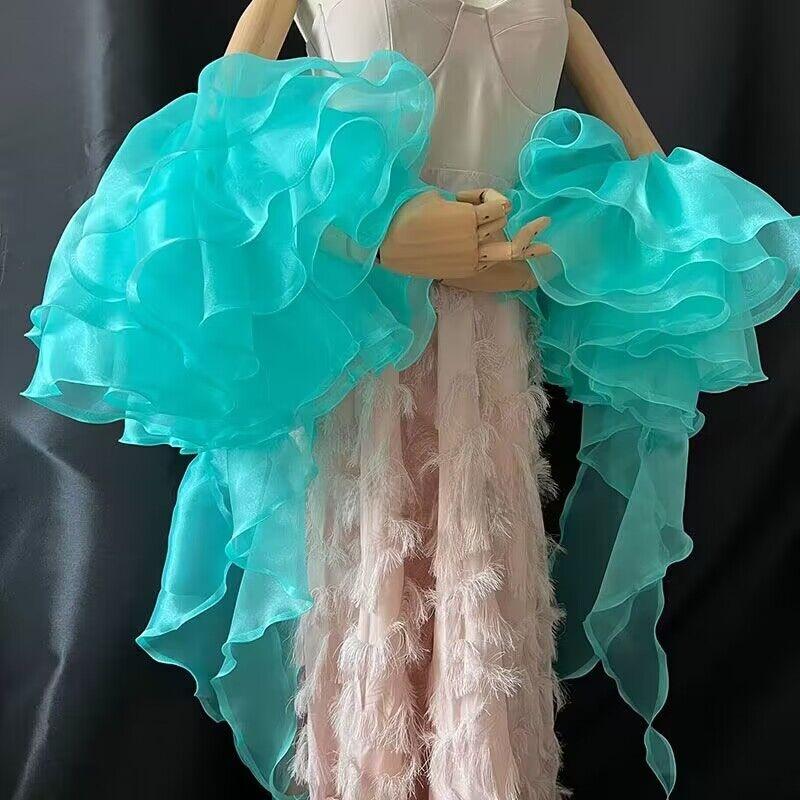 

Bride Gloves Multi-Layer Lotus Leaf Wedding Dress Gown Blue Sleeve Accessory Arm Cover Style Custom Color Long Gloves