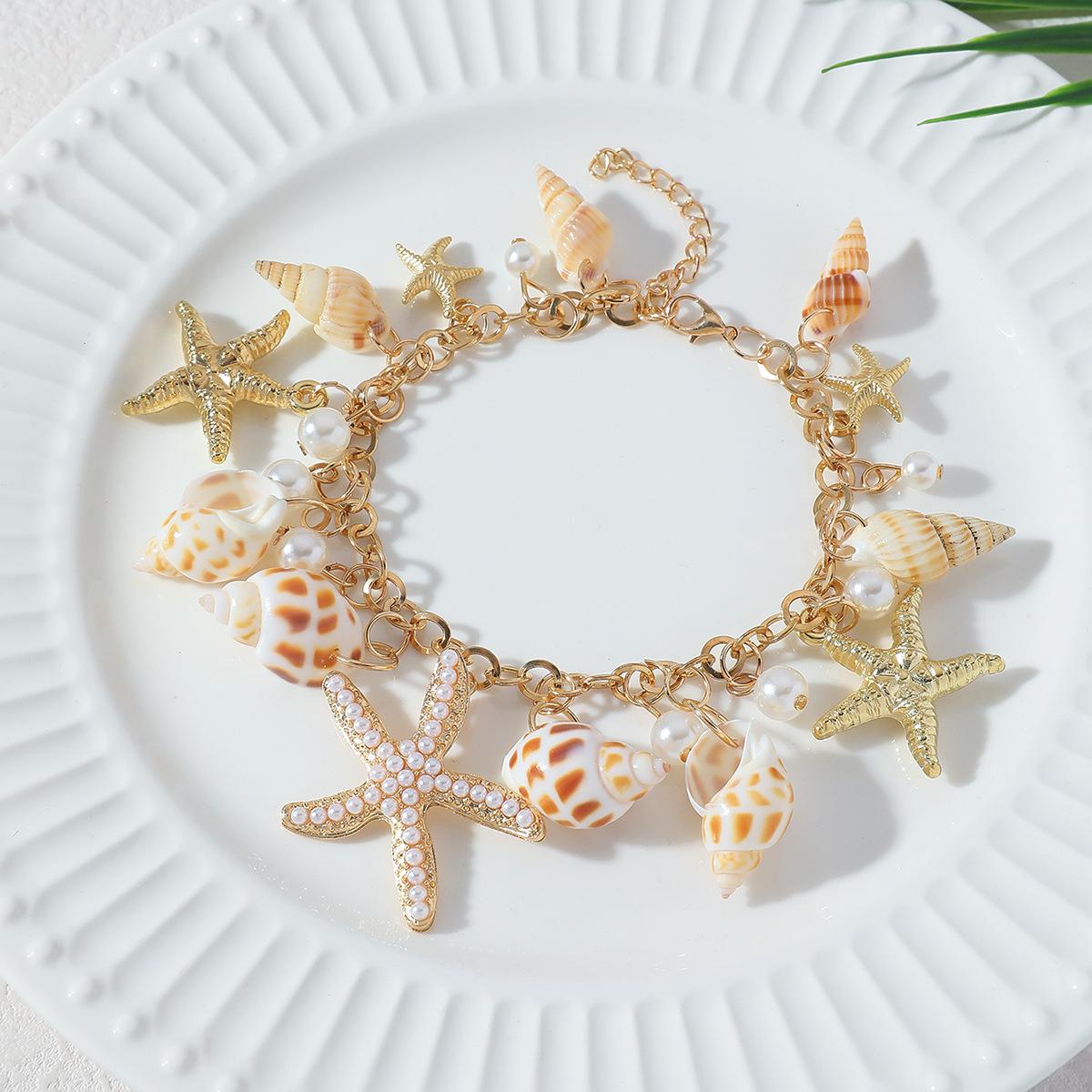 Bohemian Starfish Shell Pearl Rhinestone Anklet