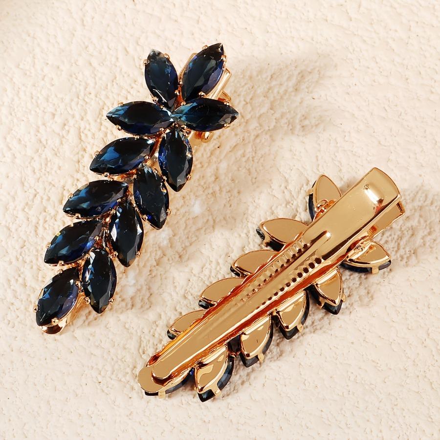 [Elegant Blue CZ Hair Clips] 2pcs Elegant Vintage-Style Blue CZ Hair Clips Set | Golden Tone Leaf Barrette