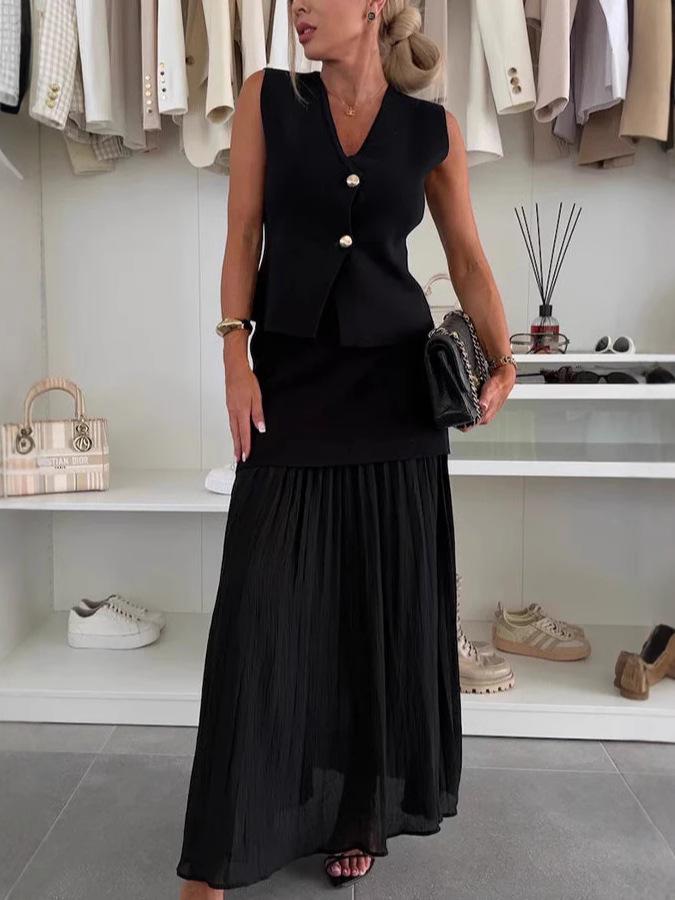 2025 Damen Sommer Schlankmachende Strickweste & Raffung Tüll Patchwork Langes Kleid Set