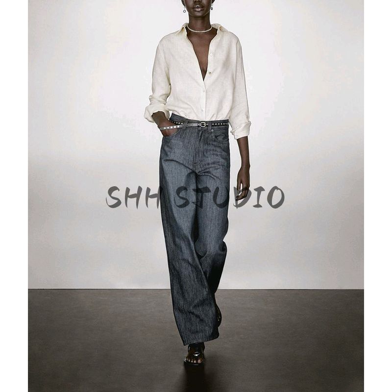 MD Spring and Summer Women's Clothing Elegant Commute Style Light Linen Blend Lapel Long Sleeve Shirt Tops 5130530