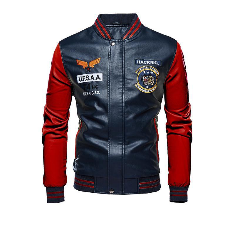 Motorcycle Leather Jacket Men's Casual Embroidered Baseball Jersey Slim Fit Zipper PU Jacket