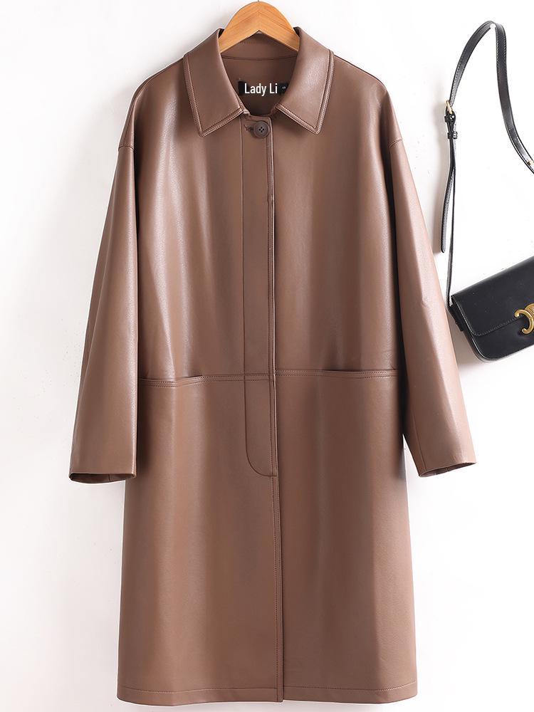 Women's Mid-Length Genuine Sheepskin Leather Jacket - Loose Slimming Trench Coat, Autumn/Winter 2025 Collection