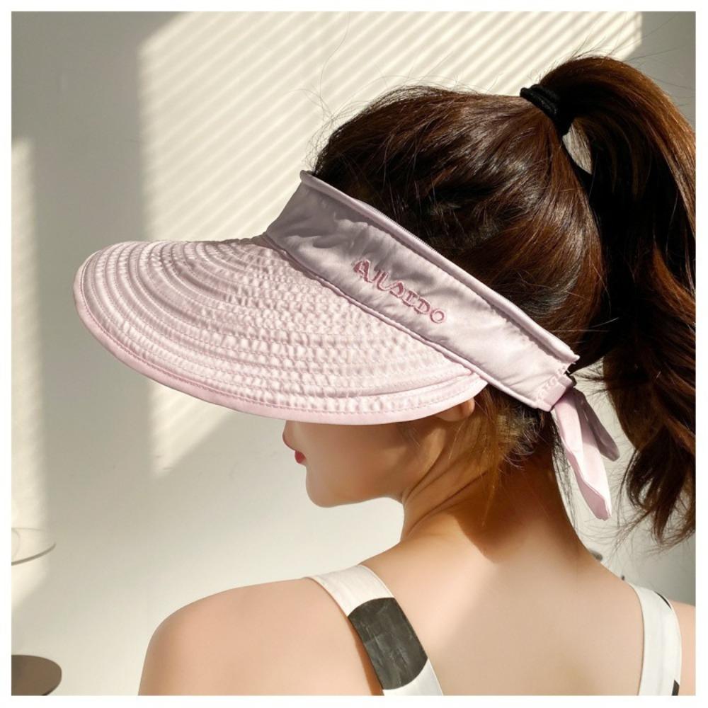 Casual 2 In 1 Women Top Air Cap Detachable Breathable Sunscreen Cap Adjustable Solid Color Bowknot Big Visor Cap