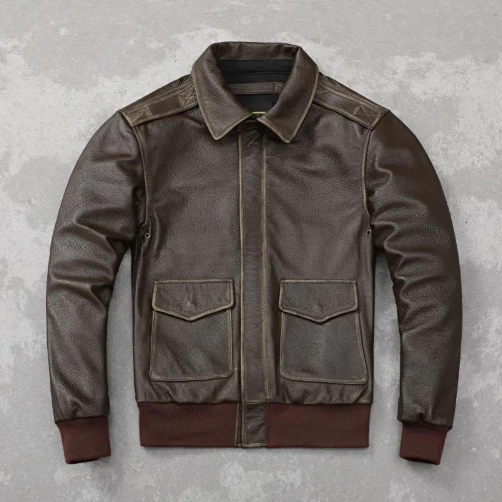 Chinese Size Classic Air Force A2 Flight Jacket Edged Army Green Genuine Cow Leather Jacket Men Pilot Coat Autumn Jaquetas Masculina De Couro