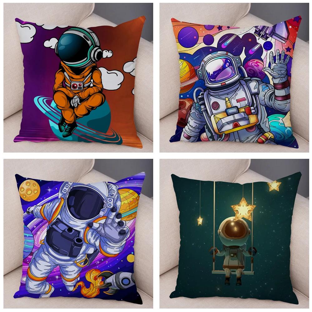 Cartoon Astronauten Kissenbezug Weicher Plüsch Dekor Kosmischer Himmel Kissenbezug für Sofa Zuhause Auto Doppelseitiger Druck Kissenhülle Kinderzimmer