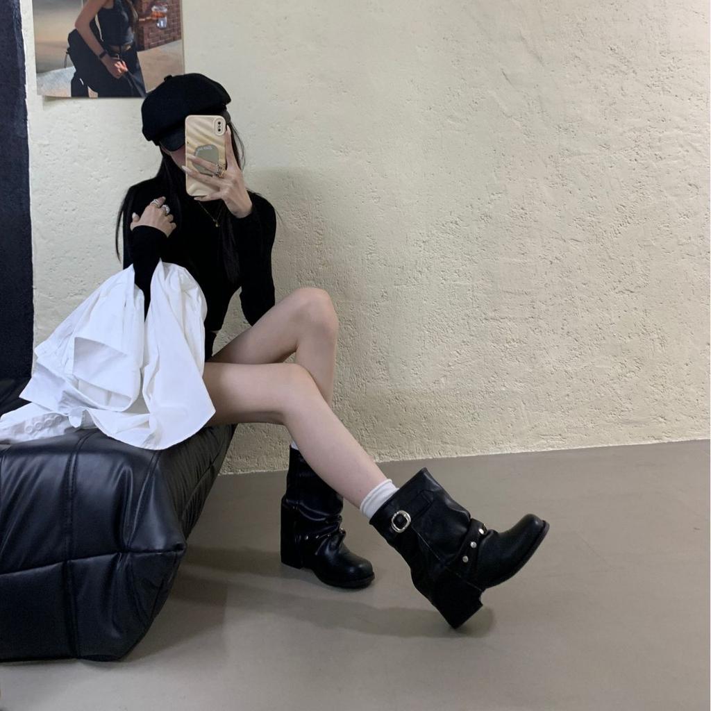 Western cowboy medium boots women's 2025 new pleated trousers short boots polished retro knight boots