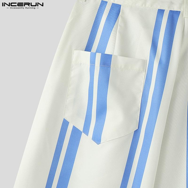 INCERUN Men Zipper Waist Striped Print Casual Loose Long Wide Legs Pants Trousers