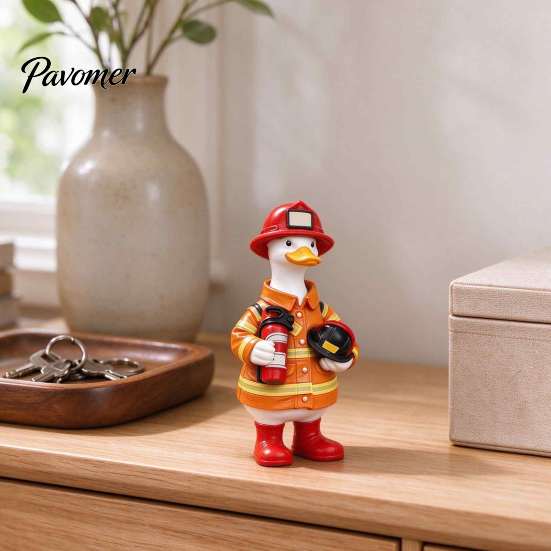 Whimsical Animal Statue Firefighter Duck Figurine, Resin for Home and Garden Decor, Decorative Piece Cute Ornament, Realistic Fireman Sculpture