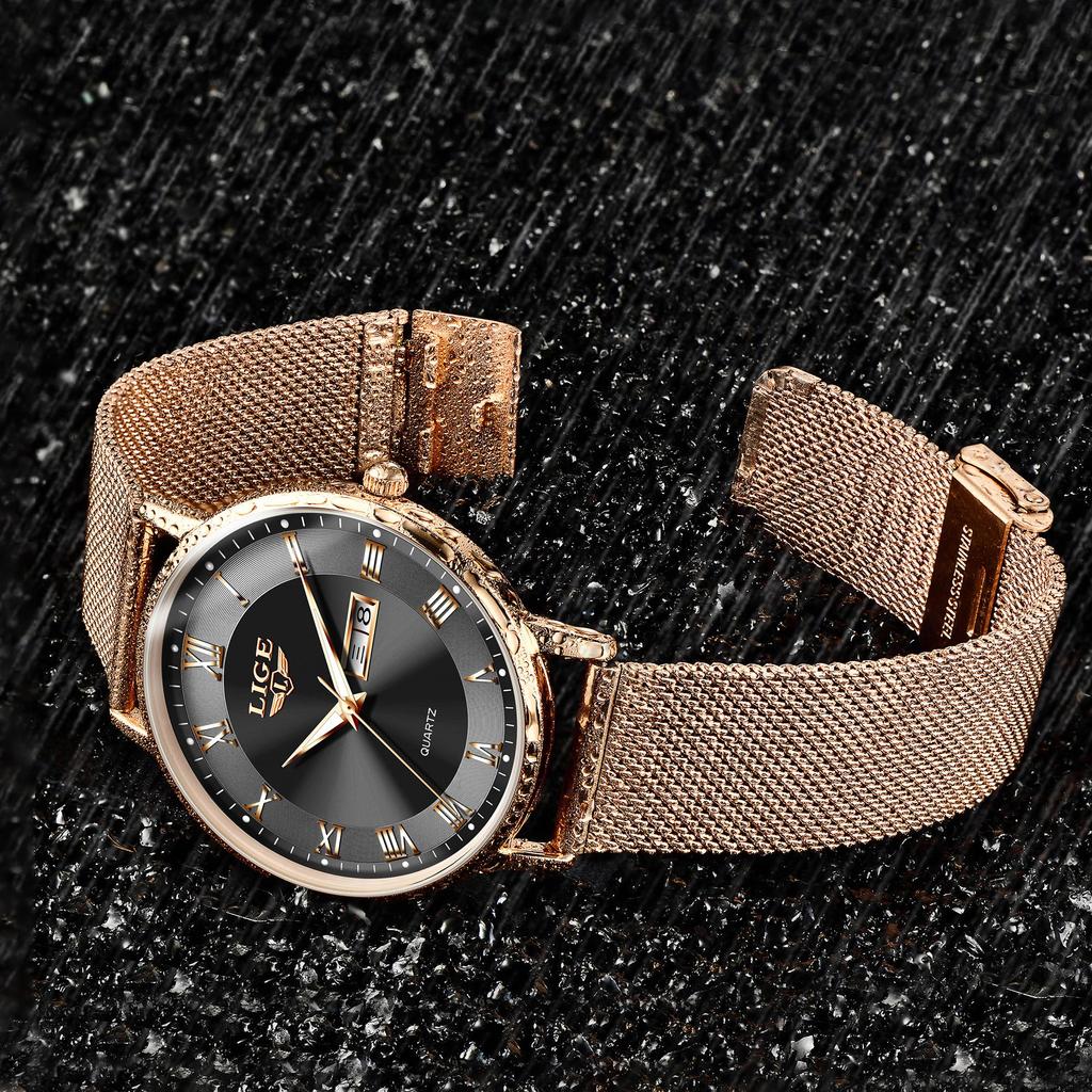 Luxury Mens Fashion Lige Quartz Watch Casual Mesh Strap Date Week Ultrathin Mens Clock
