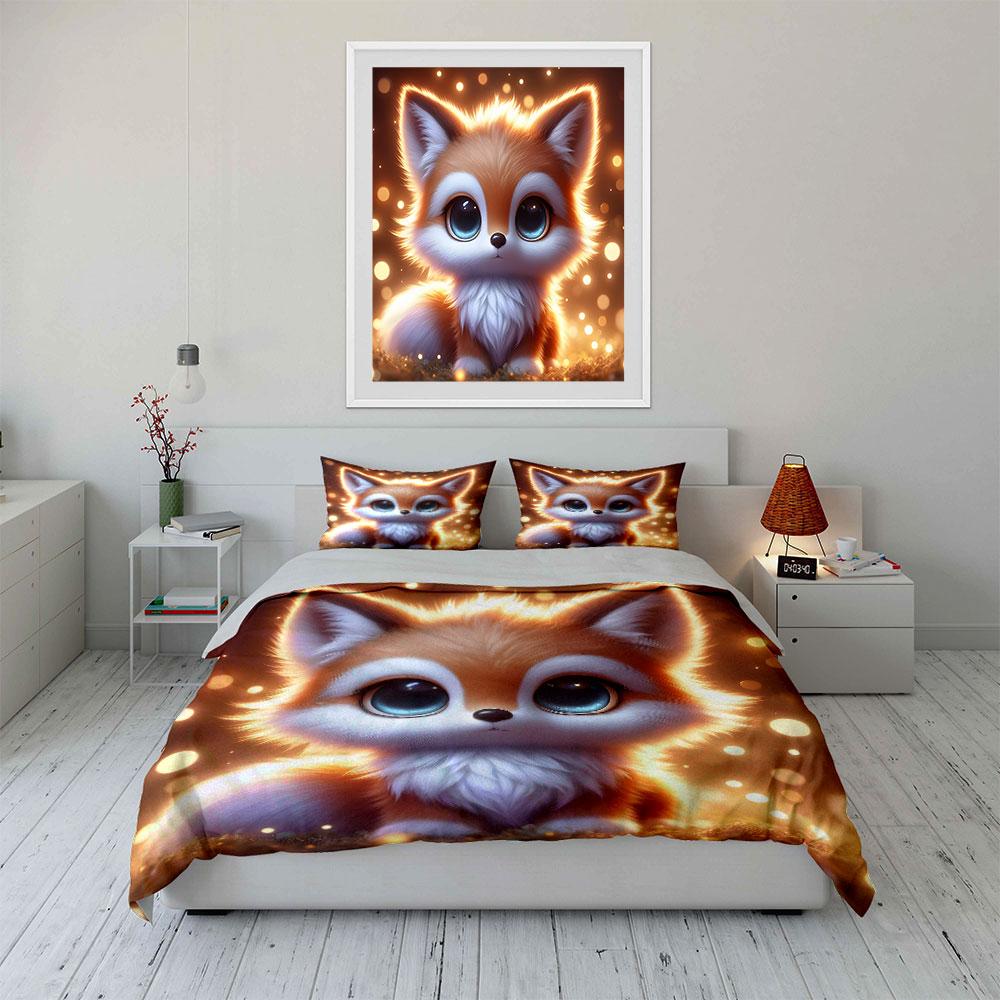 Cute Little Fox With Dreamy Lights Duvet Cover Set With 3D Printing Design Soft Polyester Bedding Set All-Season Comfort