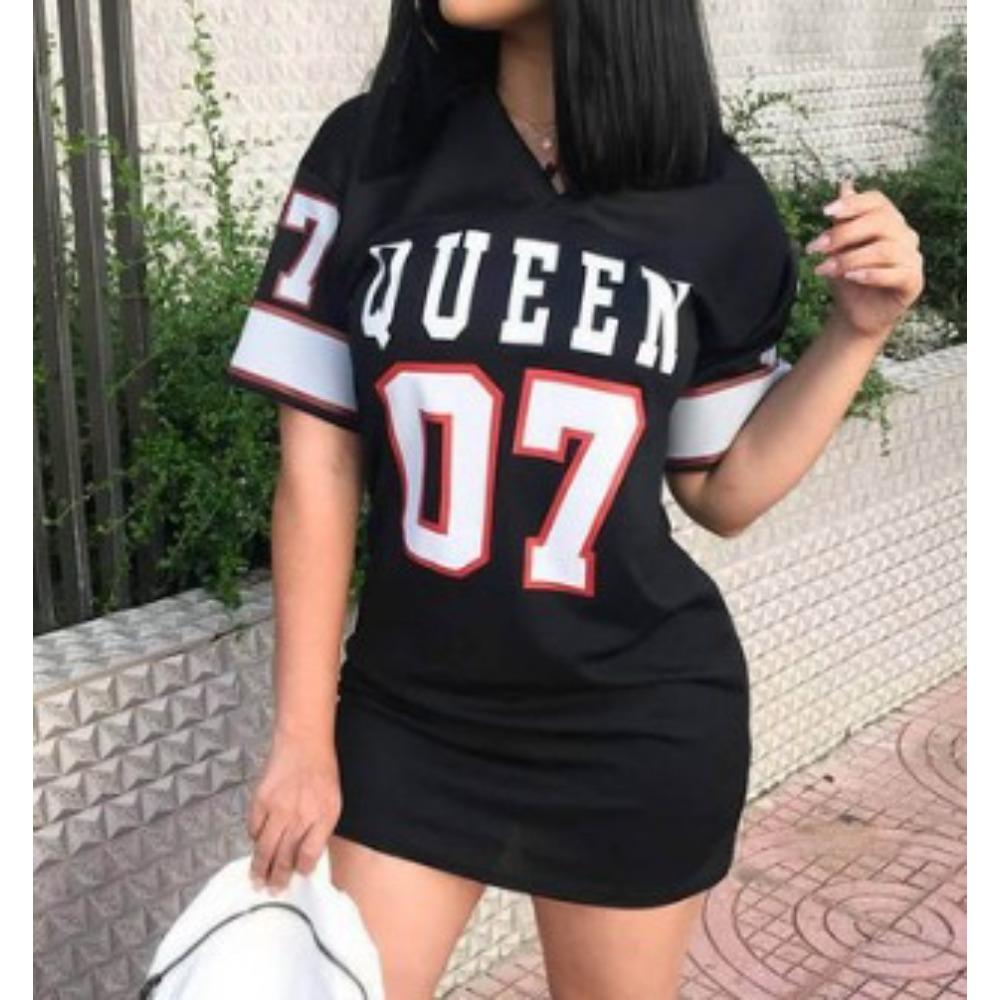 Women's V Neck Short Sleeve T Shirt Dress Loose Fit Streetwear Mini Dress With Queen 07 Letter Number Print For Casual Daily