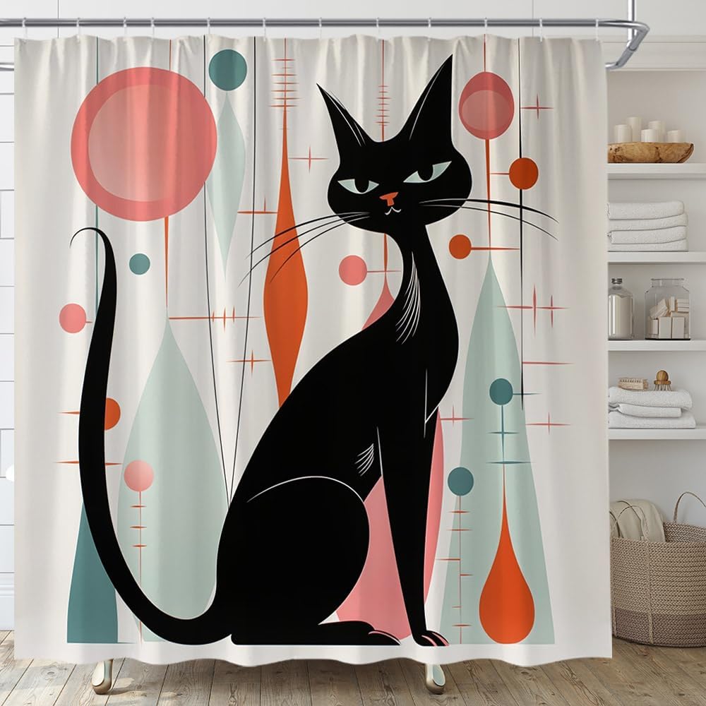 Dunika Chen Mid Century Cat Shower Curtain Retro Abstract Atomic Geometric Iconic 1950S 1960S Vintage Neutral Pattern Bathroom Curtain